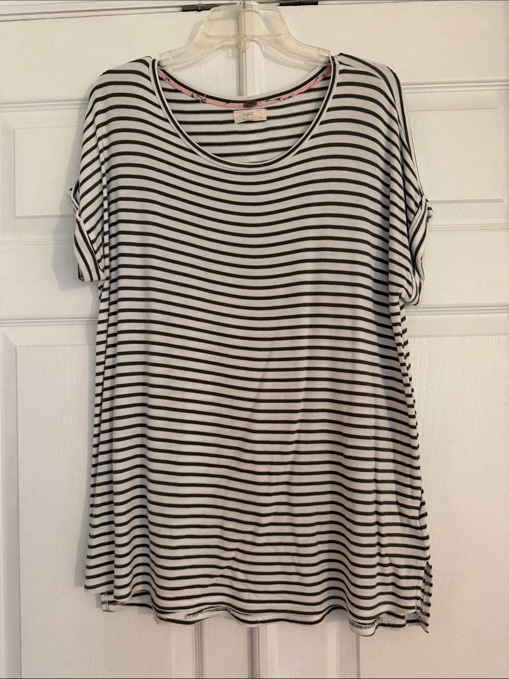 Cupid Relaxed Olive Green & White Striped Women’s Tee